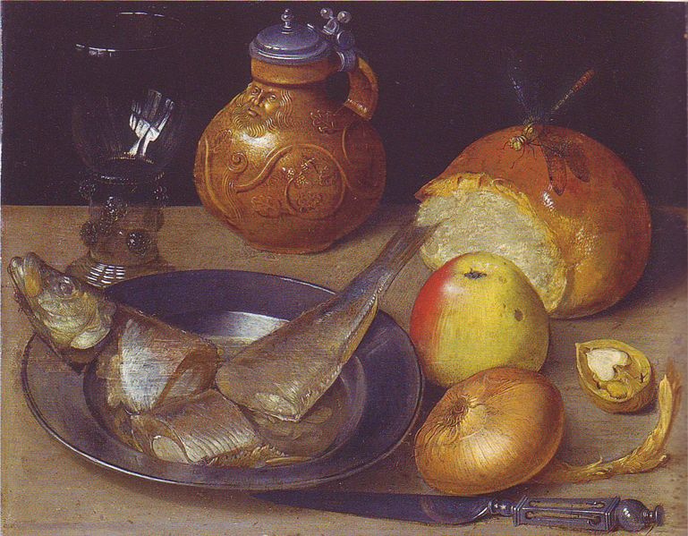 Still life with herring und Bartmann jug